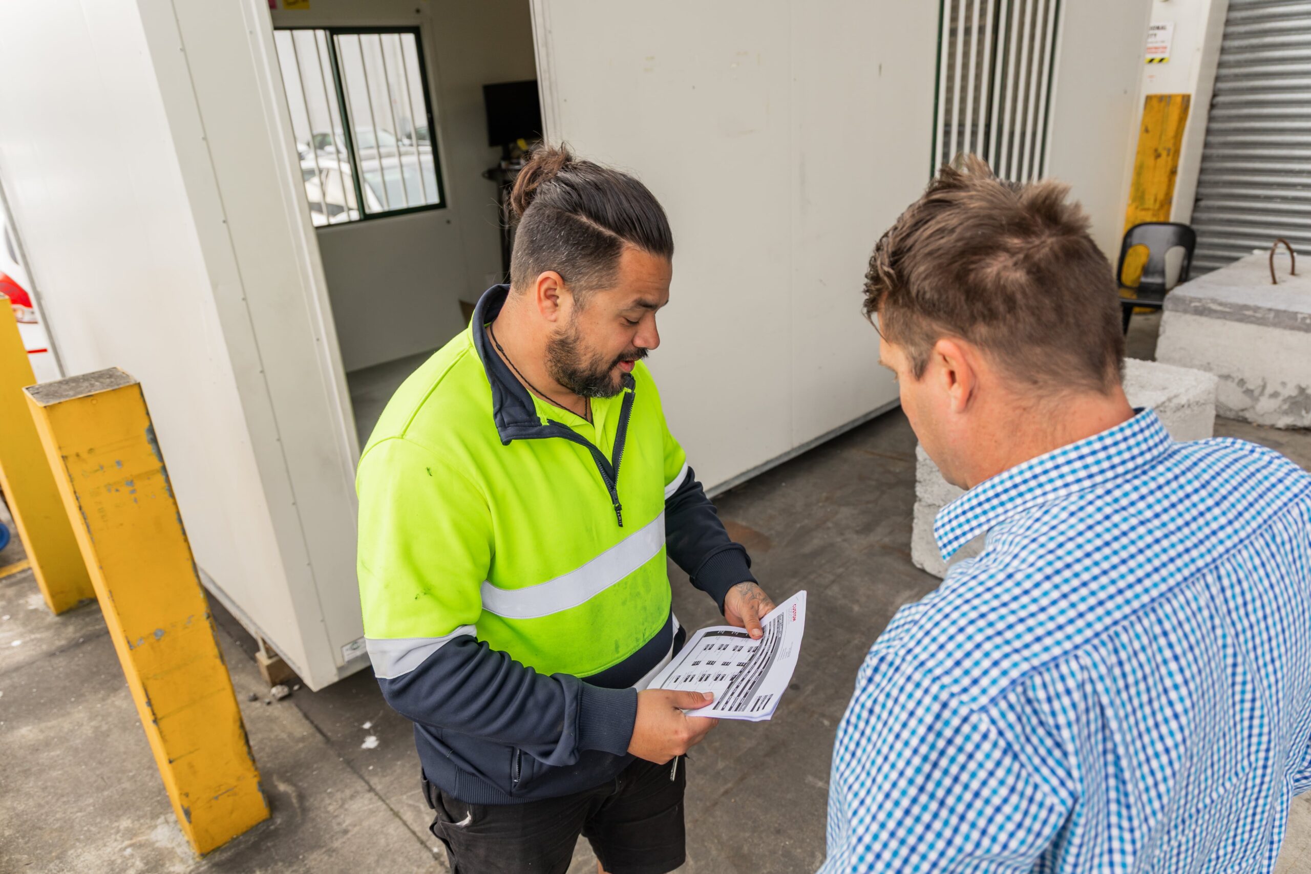 Worker talking to client